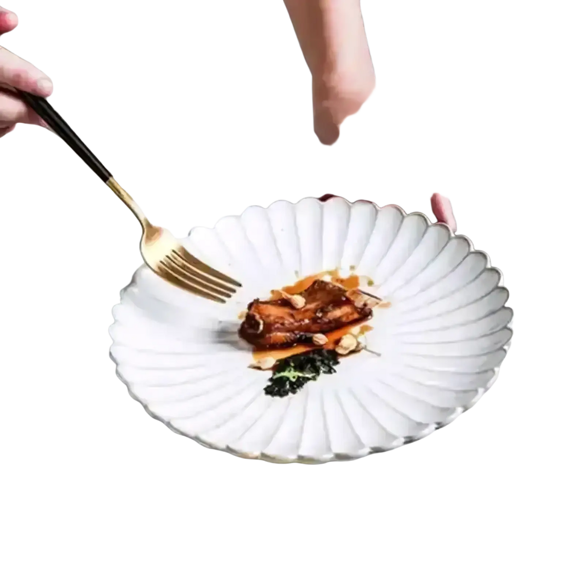 White ceramic plate with scalloped petal-like rim from japanese ceramic dinnerware set with white glaze finish