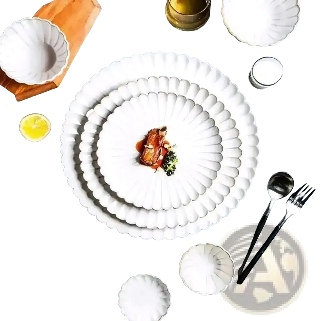 White ceramic plates with scalloped petal-like rim from japanese ceramic dinnerware set white glaze tableware