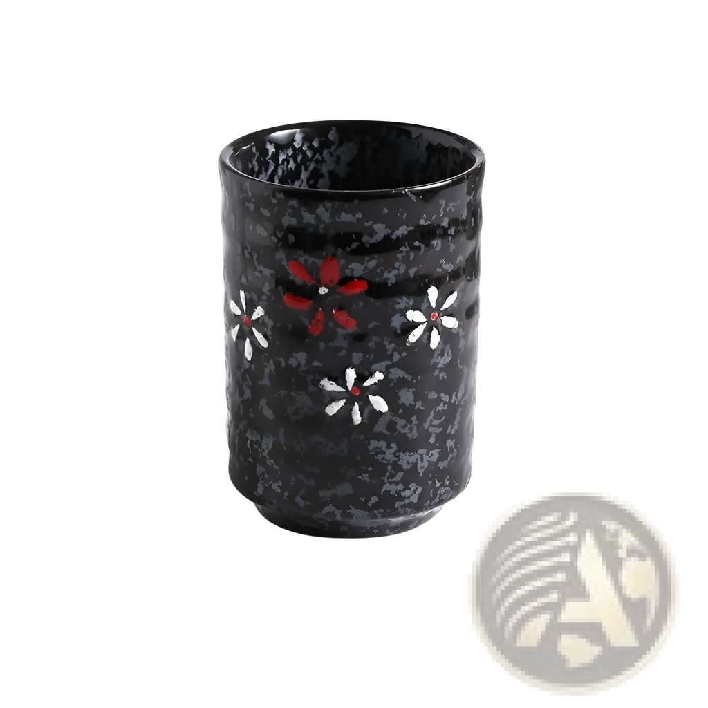 Black ceramic tea cup with textured surface and red and white floral patterns japanese ceramic mug 250ml