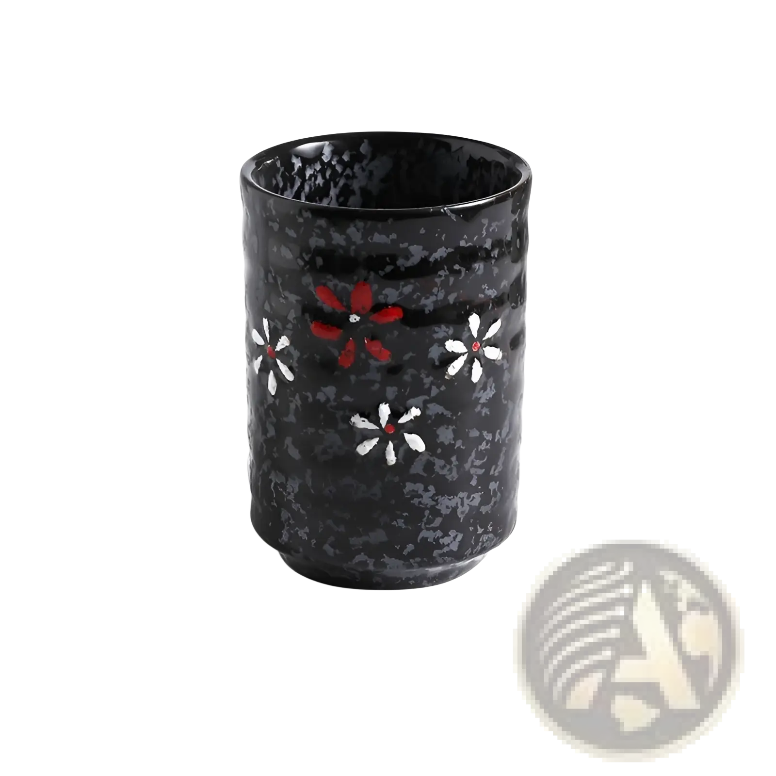Black ceramic tea cup with textured surface and red and white floral patterns japanese ceramic mug 250ml