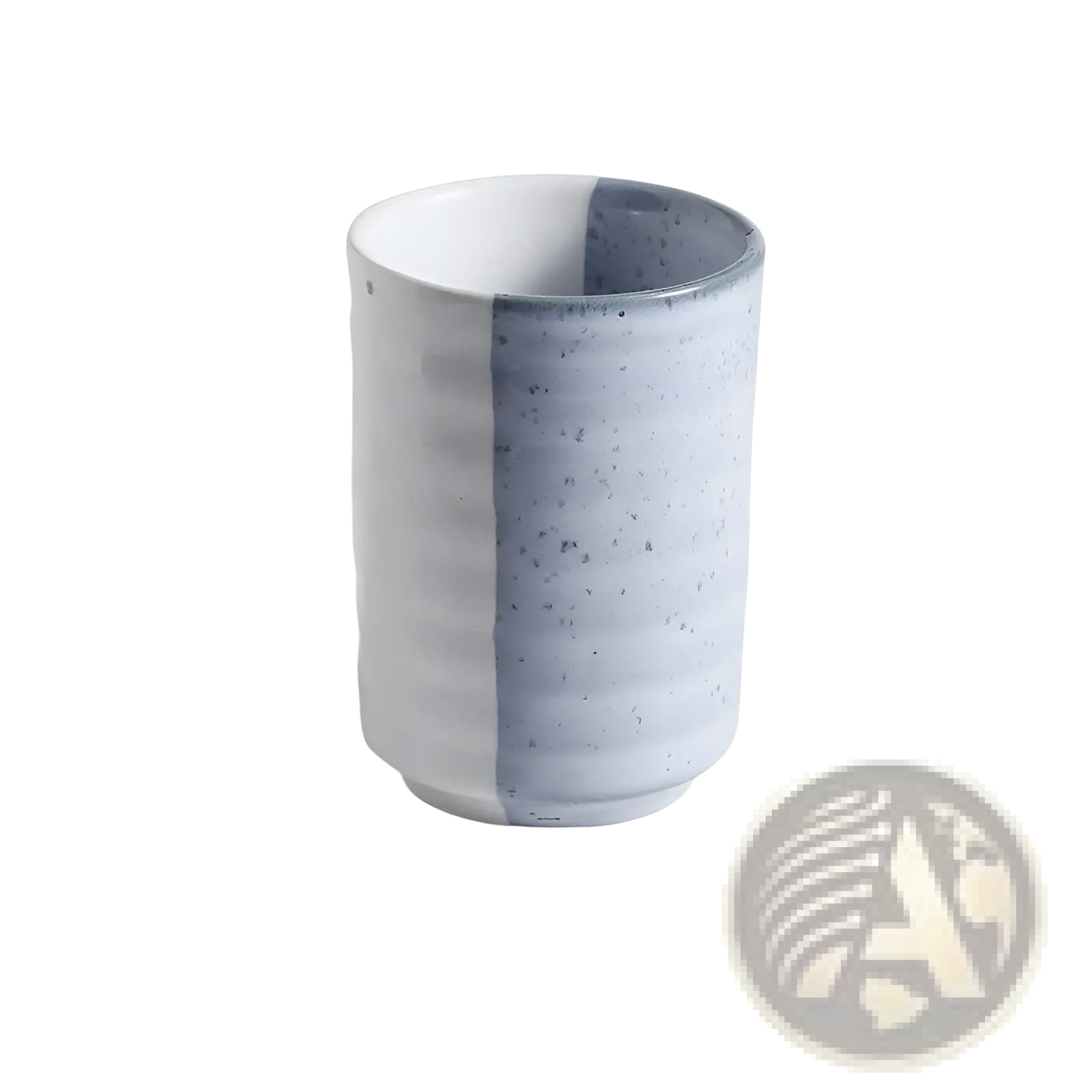 Japanese ceramic mug with a vertical split of white and speckled gray glaze featuring horizontal ridges