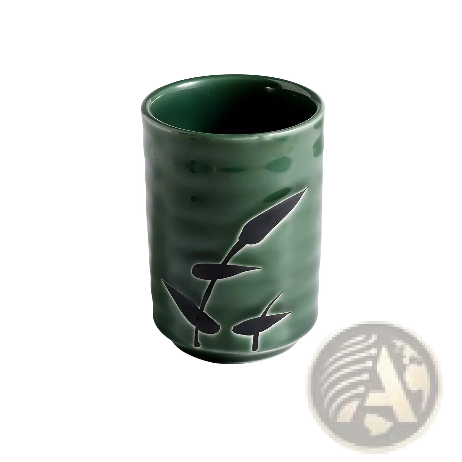 A matte green Japanese ceramic mug with textured surface and black leaf decals for retro hand-painted tea use