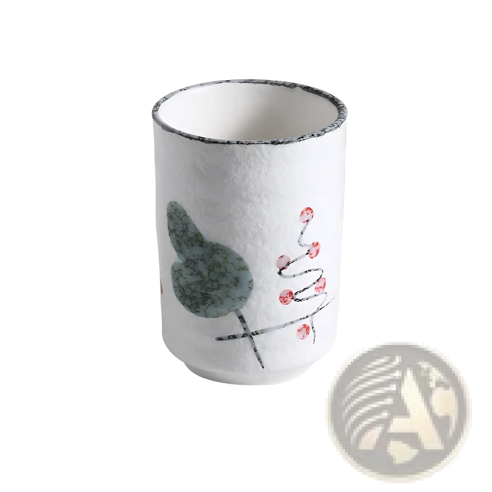 White ceramic Japanese ceramic mug with hand-painted green leaf and pink cherry blossom design and black rim 250ml