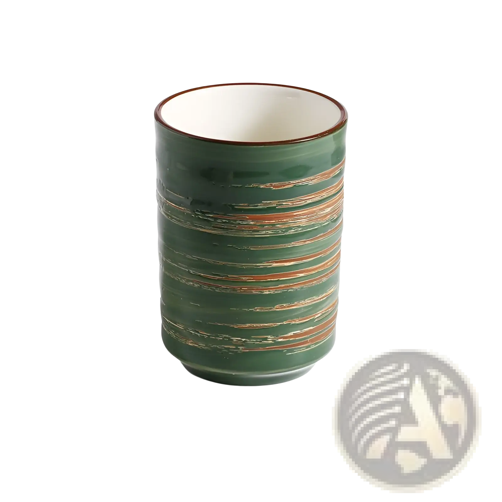 Japanese ceramic mug retro hand-painted tea cup 250ml in green with earthy brown beige stripes and white interior rim