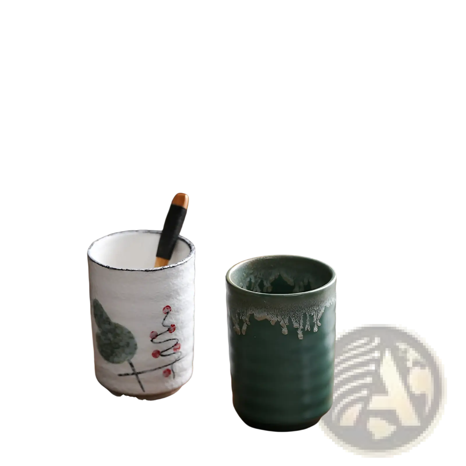Handcrafted Japanese ceramic mugs in earthy tones with rustic glaze and hand-painted botanical designs 250ml