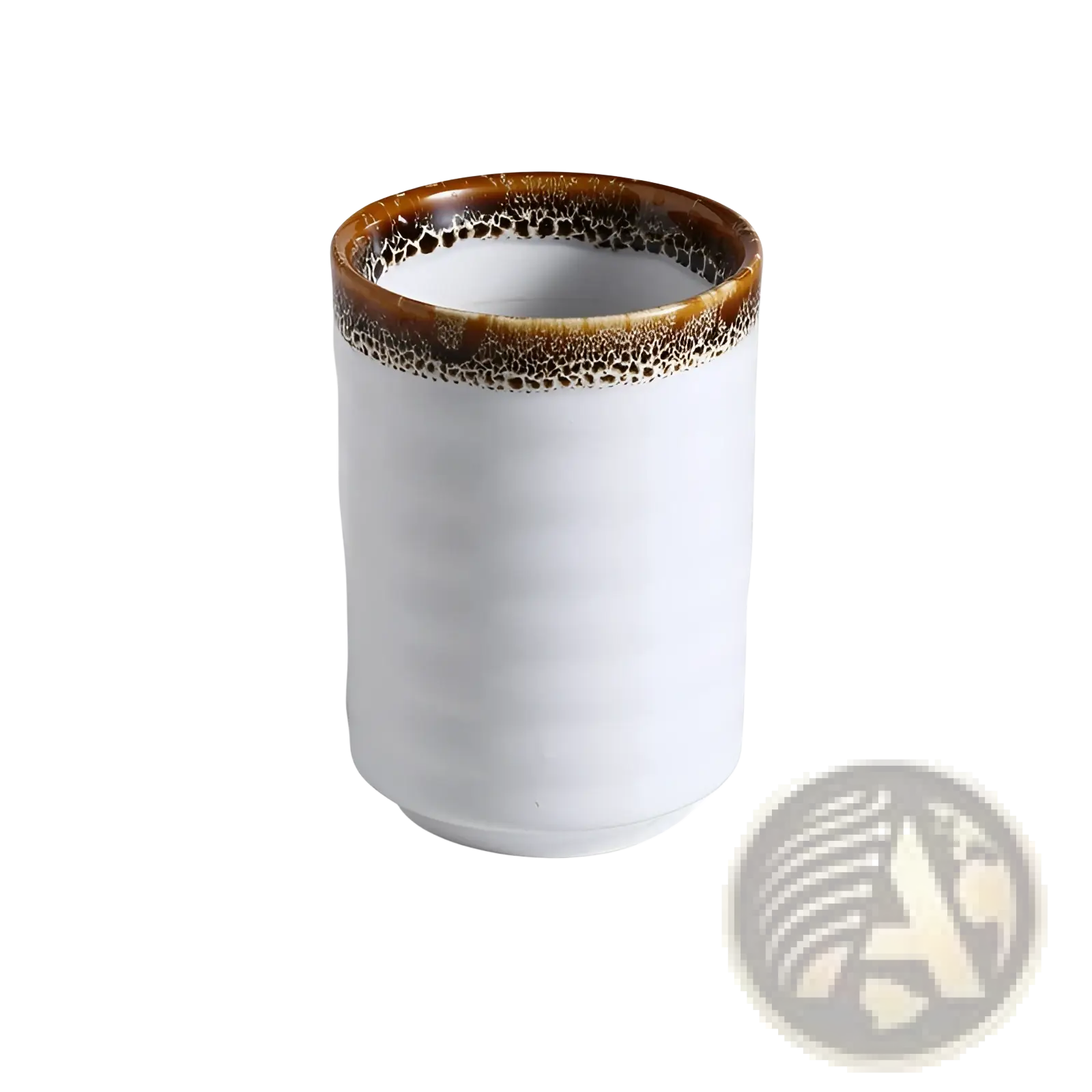 A white ceramic Japanese mug with a textured brown speckled rim, 7cm diameter and 10cm tall for tea