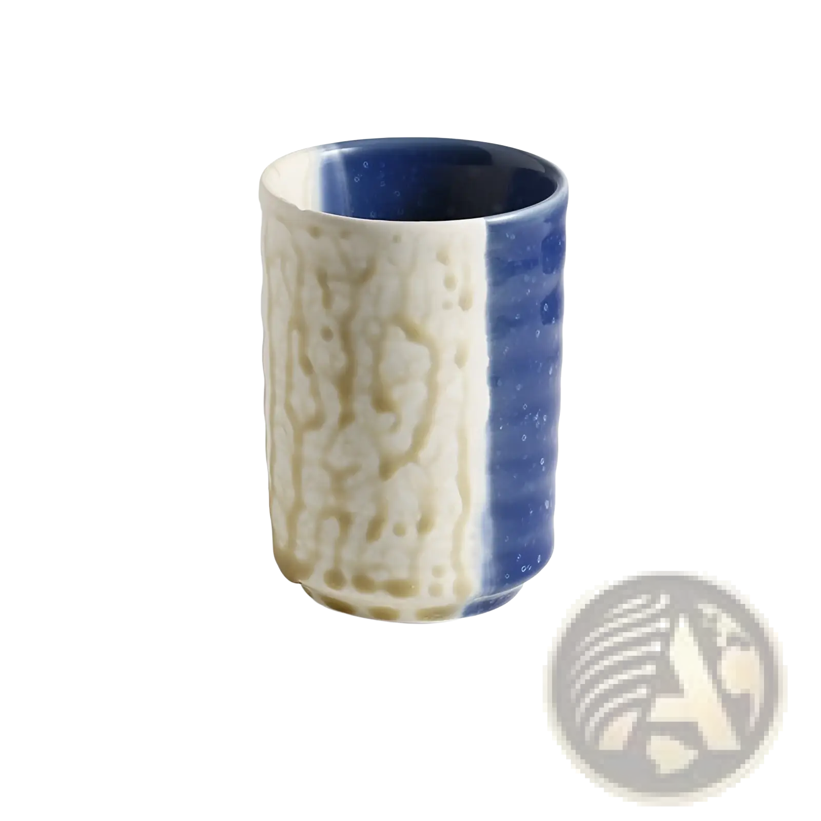 Japanese ceramic mug with textured off-white exterior and glossy cobalt blue interior for hand-painted tea or sake
