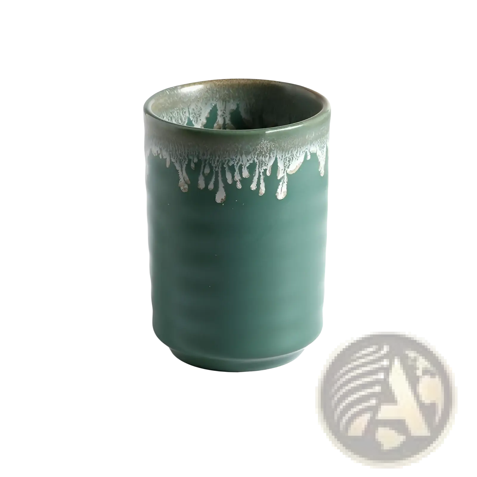 Japanese ceramic mug with textured matte green glaze and white dripped rim hand-painted for tea drinking 250ml capacity