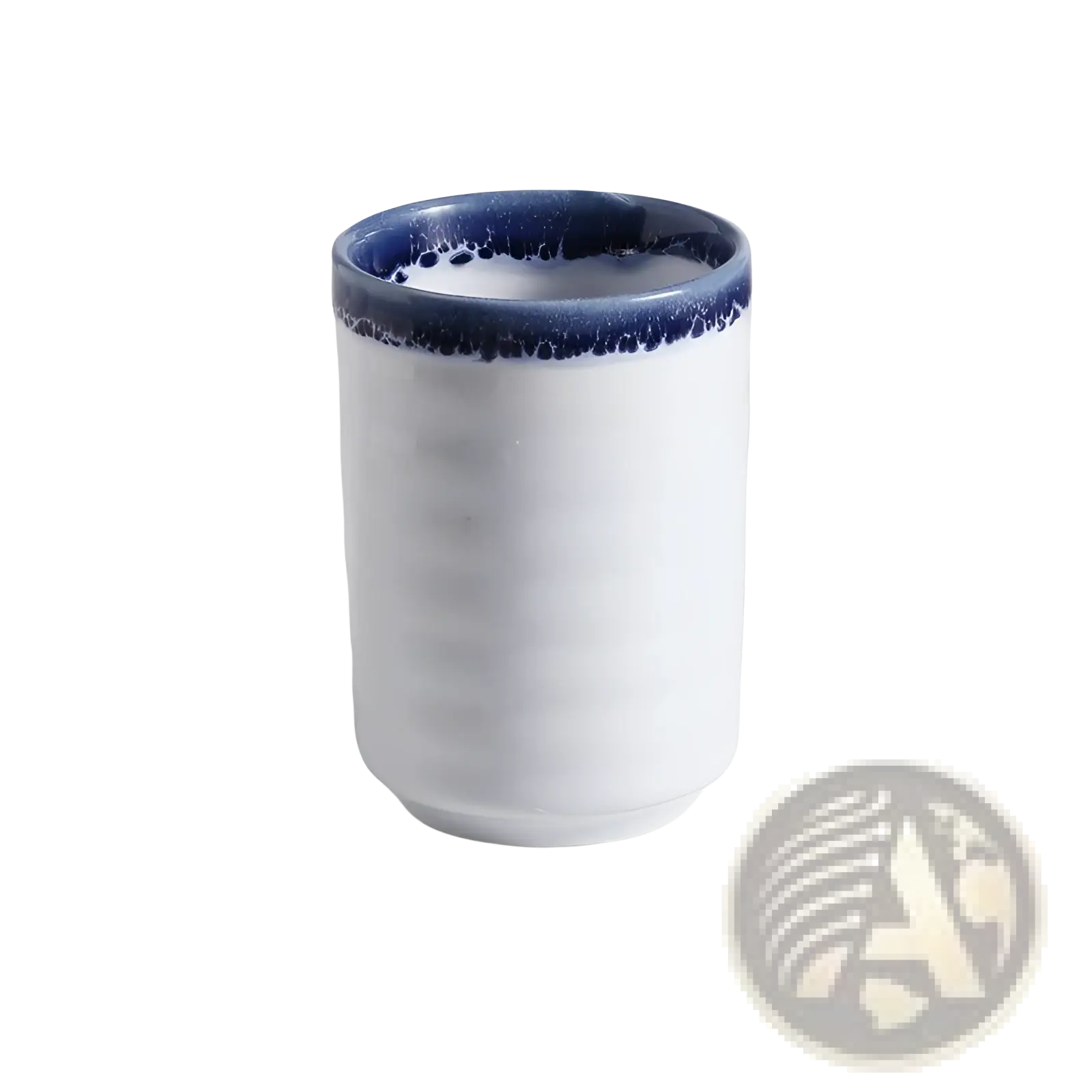 A white ceramic Japanese ceramic mug with textured surface and blue speckled rim for tea 250ml capacity