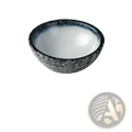 A sleek round ceramic vessel sink with speckled black and gray exterior and smooth white interior for bathroom use