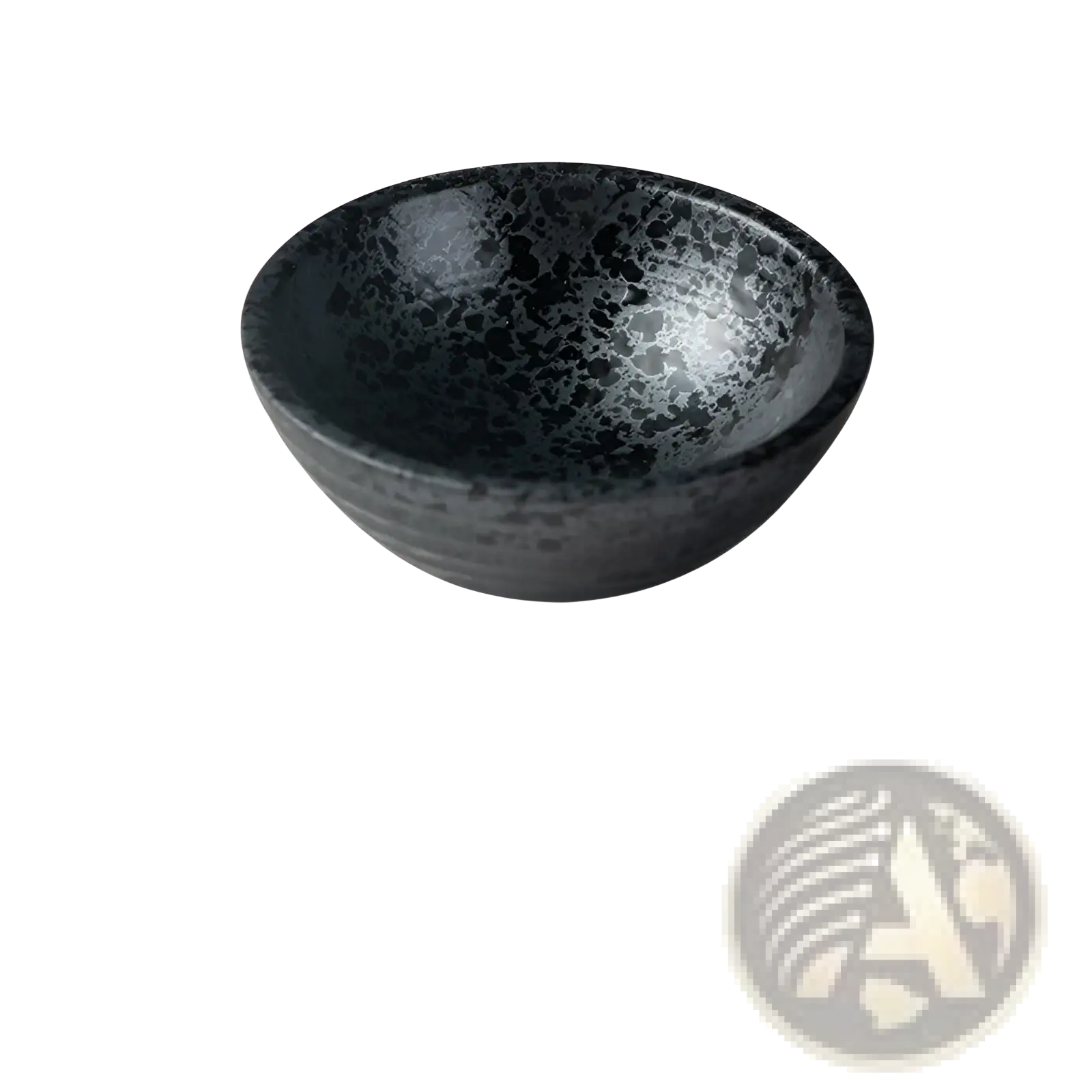 A sleek black ceramic small plate with speckled glossy finish and subtle horizontal ridges in Japanese rustic style