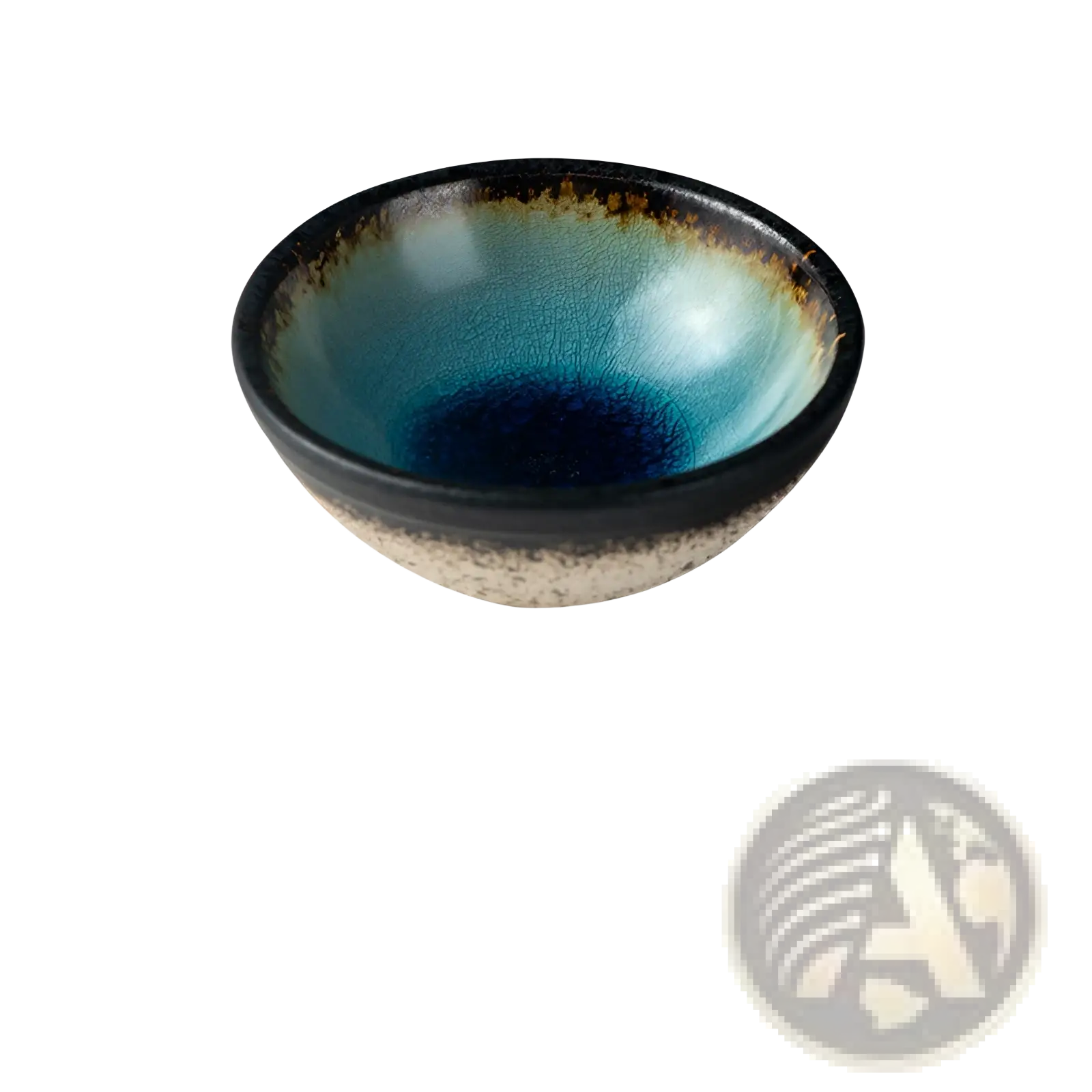 A handcrafted Japanese ceramic small plate with a rustic speckled glaze in deep blue to teal gradient and beige base