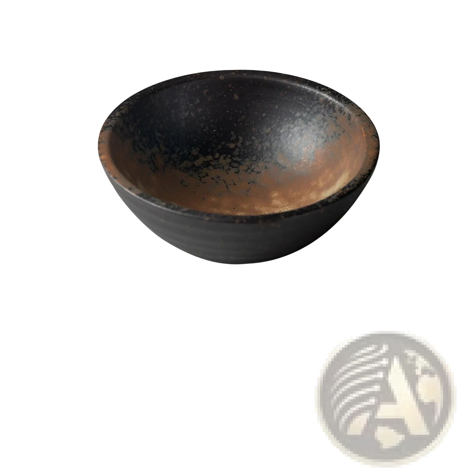 A rustic black ceramic small plate with a speckled earthy brown interior and subtle horizontal ridges