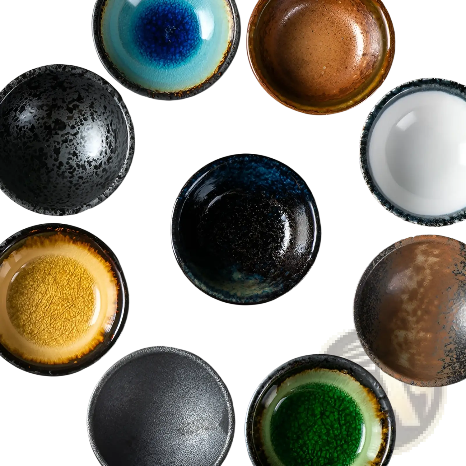 Handcrafted Japanese ceramic small plates with rustic speckled glaze in vibrant blue brown black white and green colors