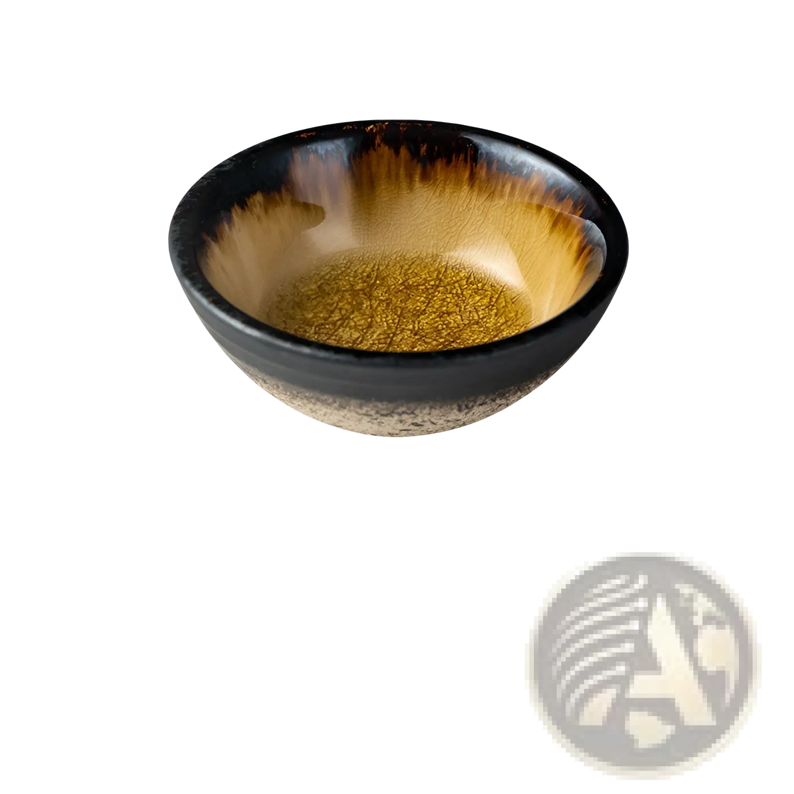 A Japanese ceramic small plate with a rustic speckled glaze, glossy black rim, and golden crackled interior