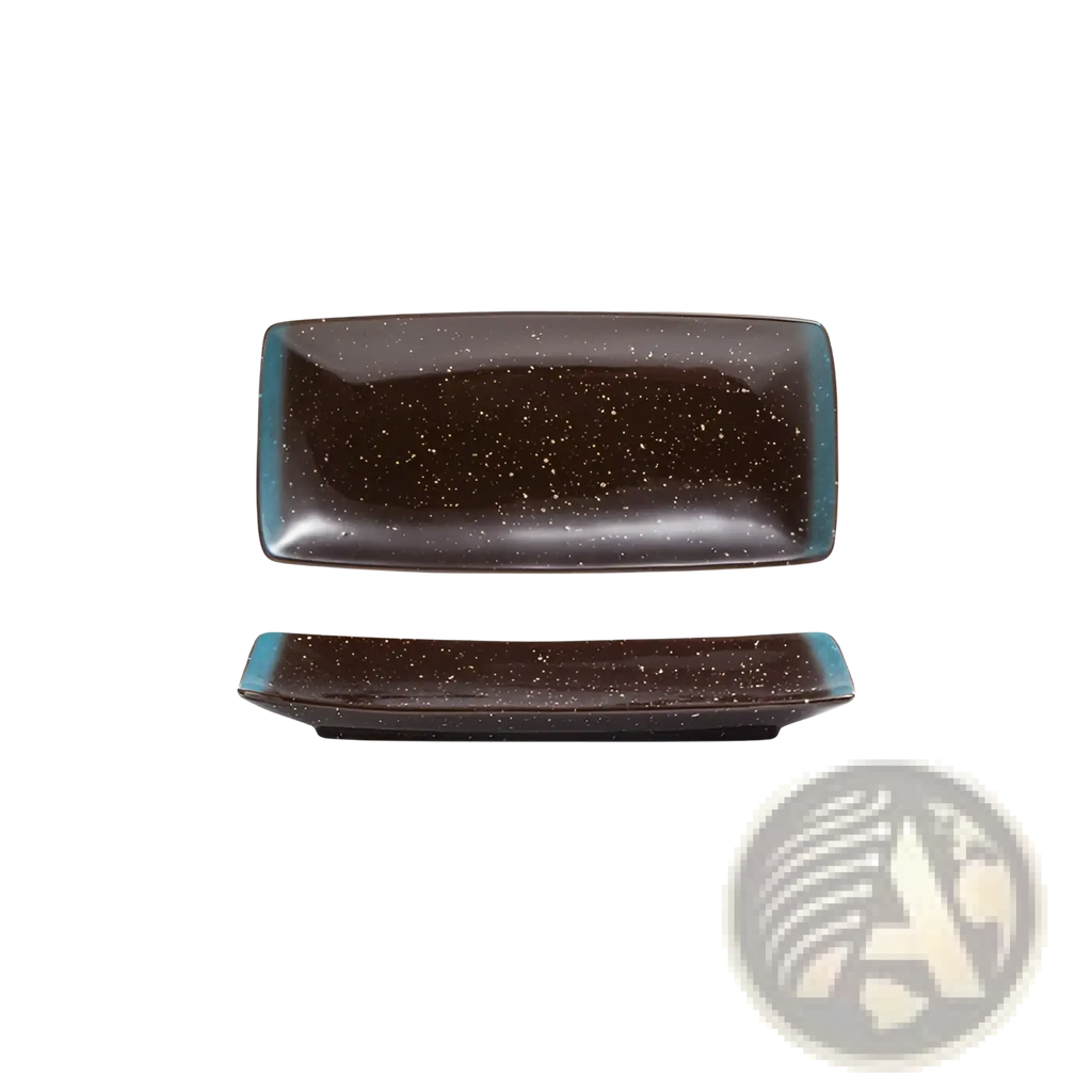 A rectangular Japanese ceramic sushi plate with a dark brown speckled surface and teal blue rim measuring 23cm by 11cm