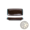 A rectangular Japanese ceramic sushi plate with a dark brown speckled surface and teal blue rim measuring 23cm by 11cm