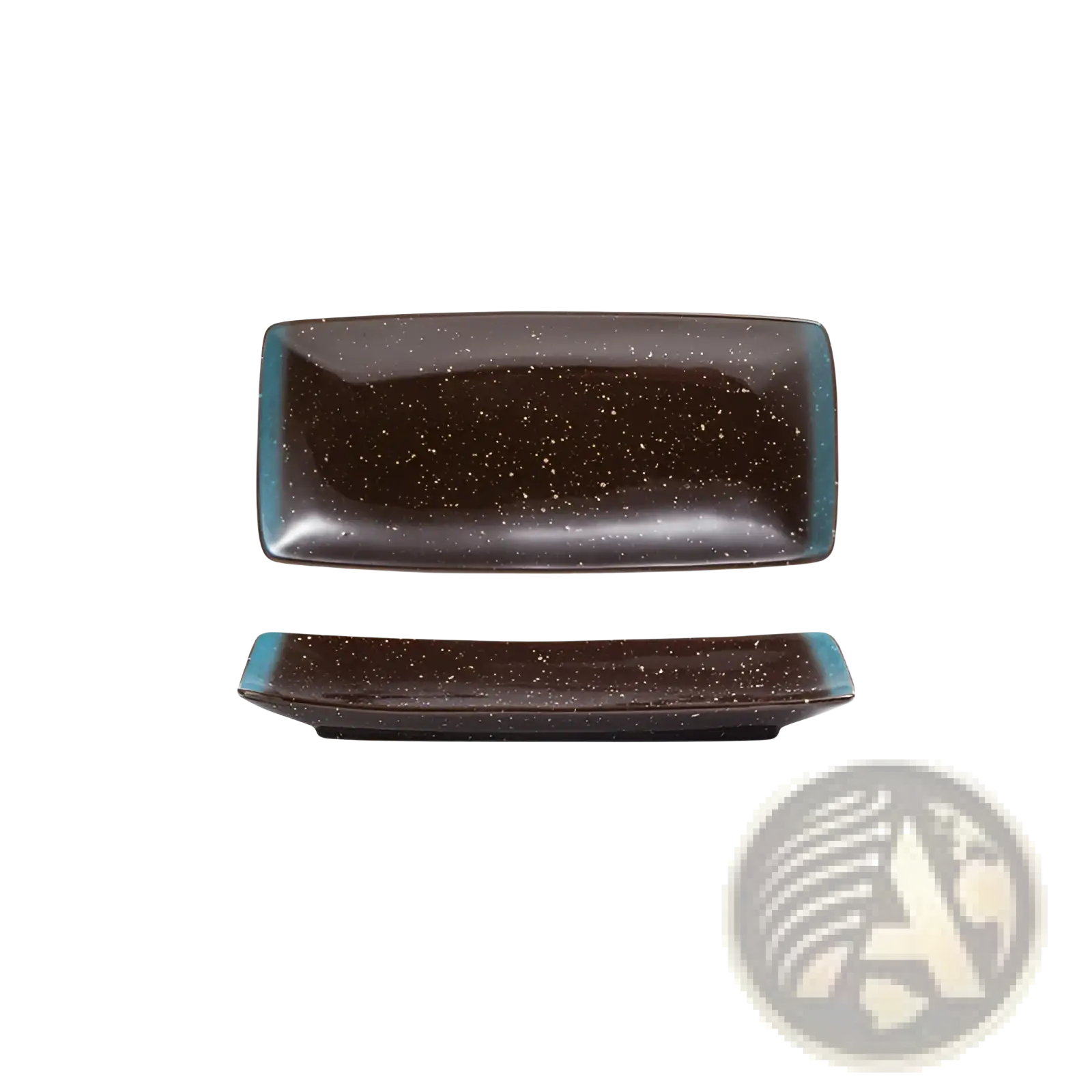 A rectangular Japanese ceramic sushi plate with a dark brown speckled surface and teal blue rim measuring 23cm by 11cm