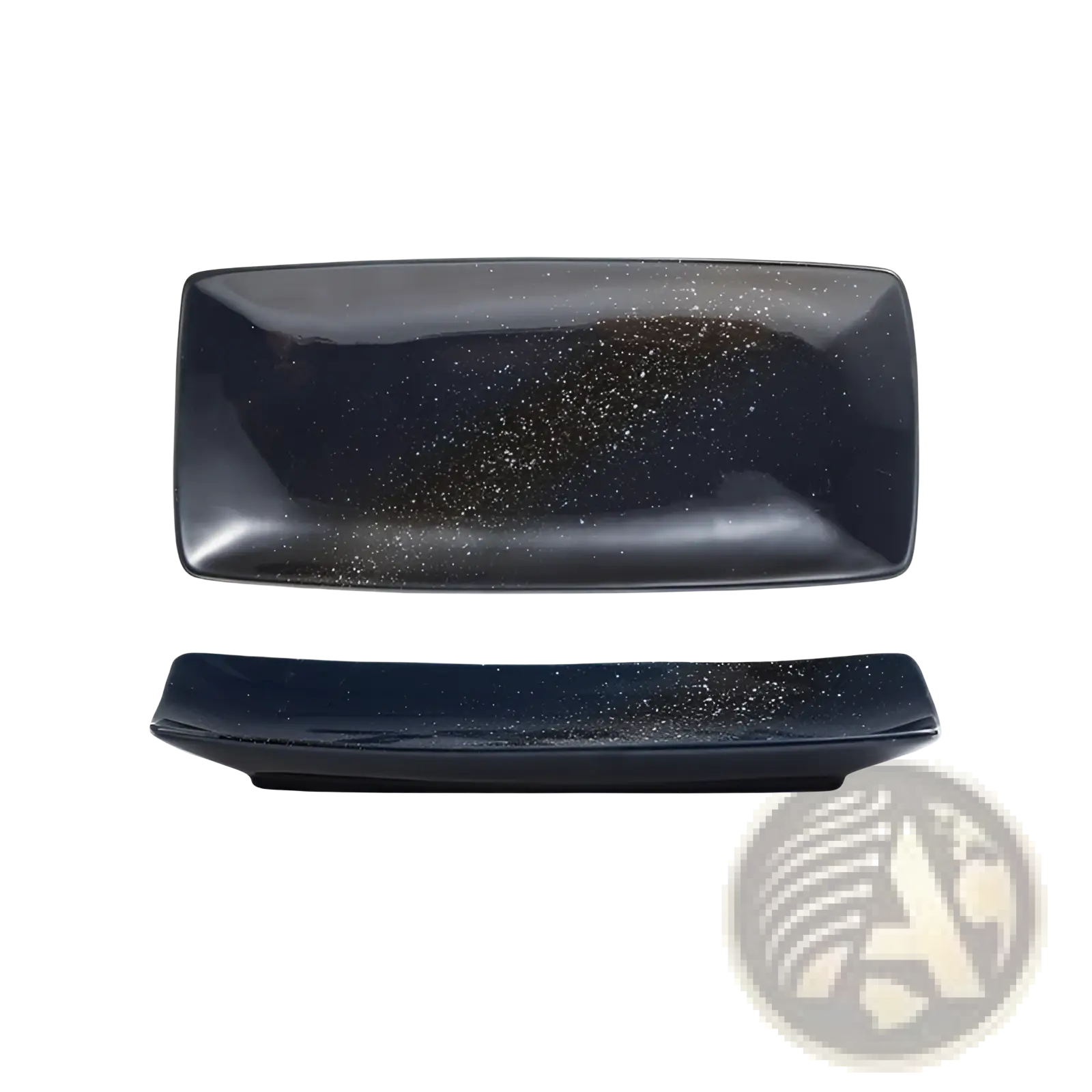 Black rectangular ceramic sushi plate with glossy finish and scattered gold glitter for elegant Japanese dining