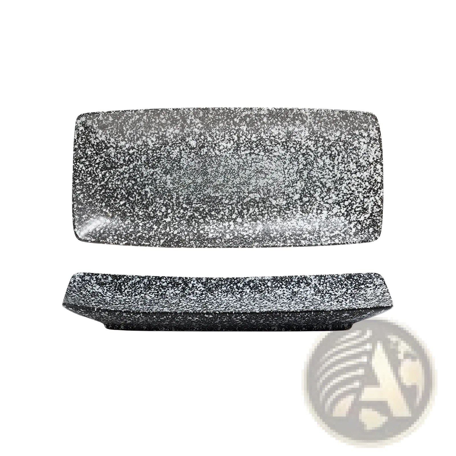 A rectangular ceramic sushi plate with speckled black and white surface measuring 28.5cm by 13cm