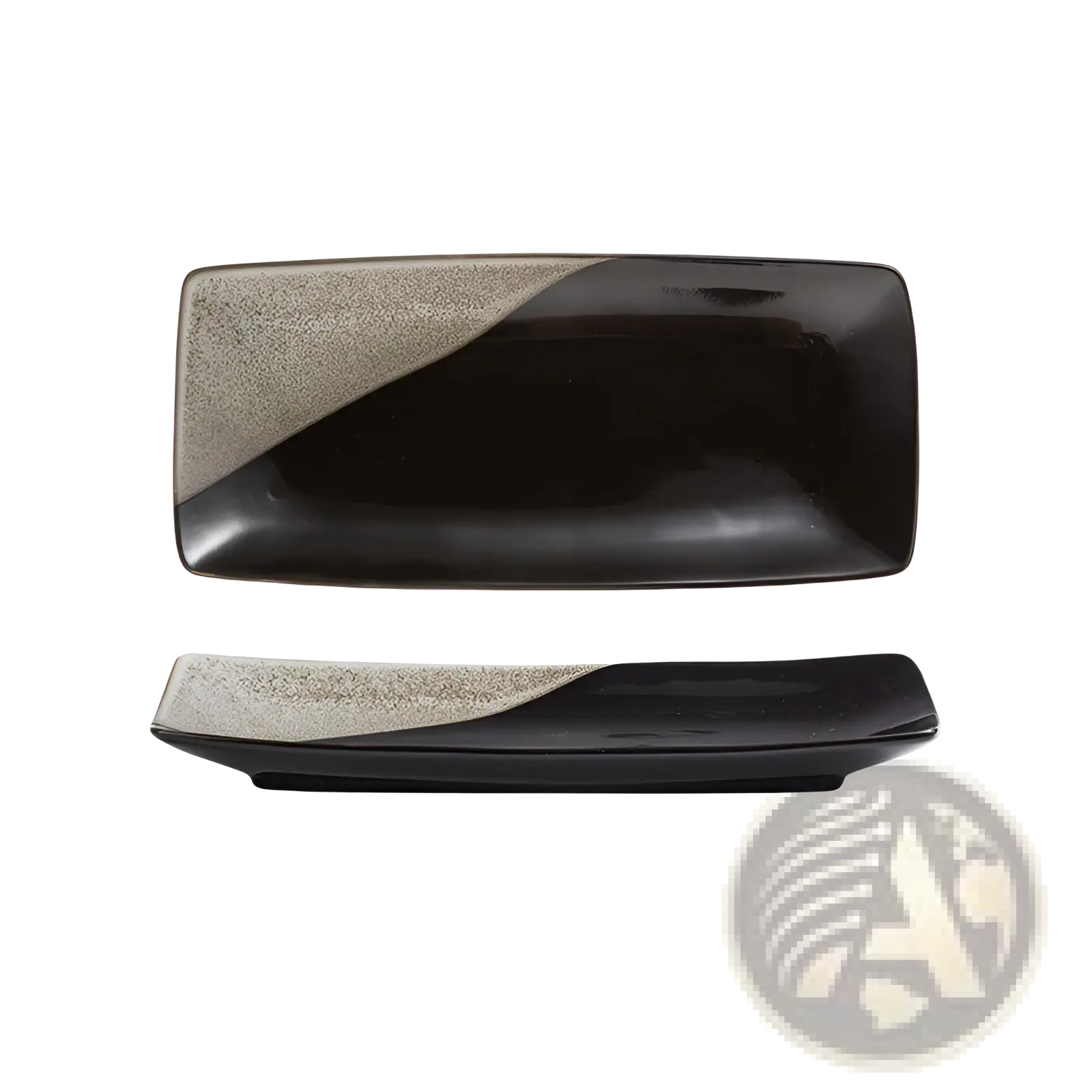 Black and gray ceramic rectangular sushi plate with textured speckled diagonal accent for serving Japanese cuisine