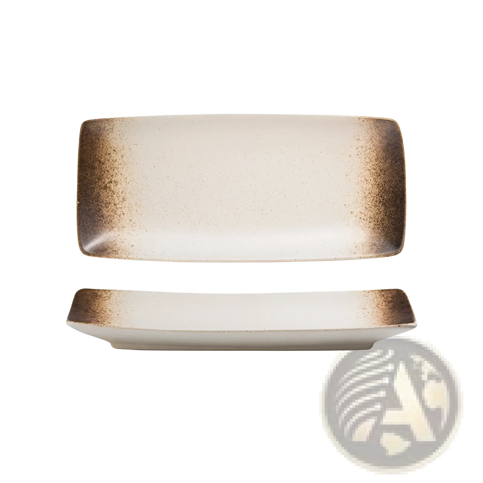 Rectangular Japanese ceramic sushi plate with speckled beige center and brown gradient edges for serving