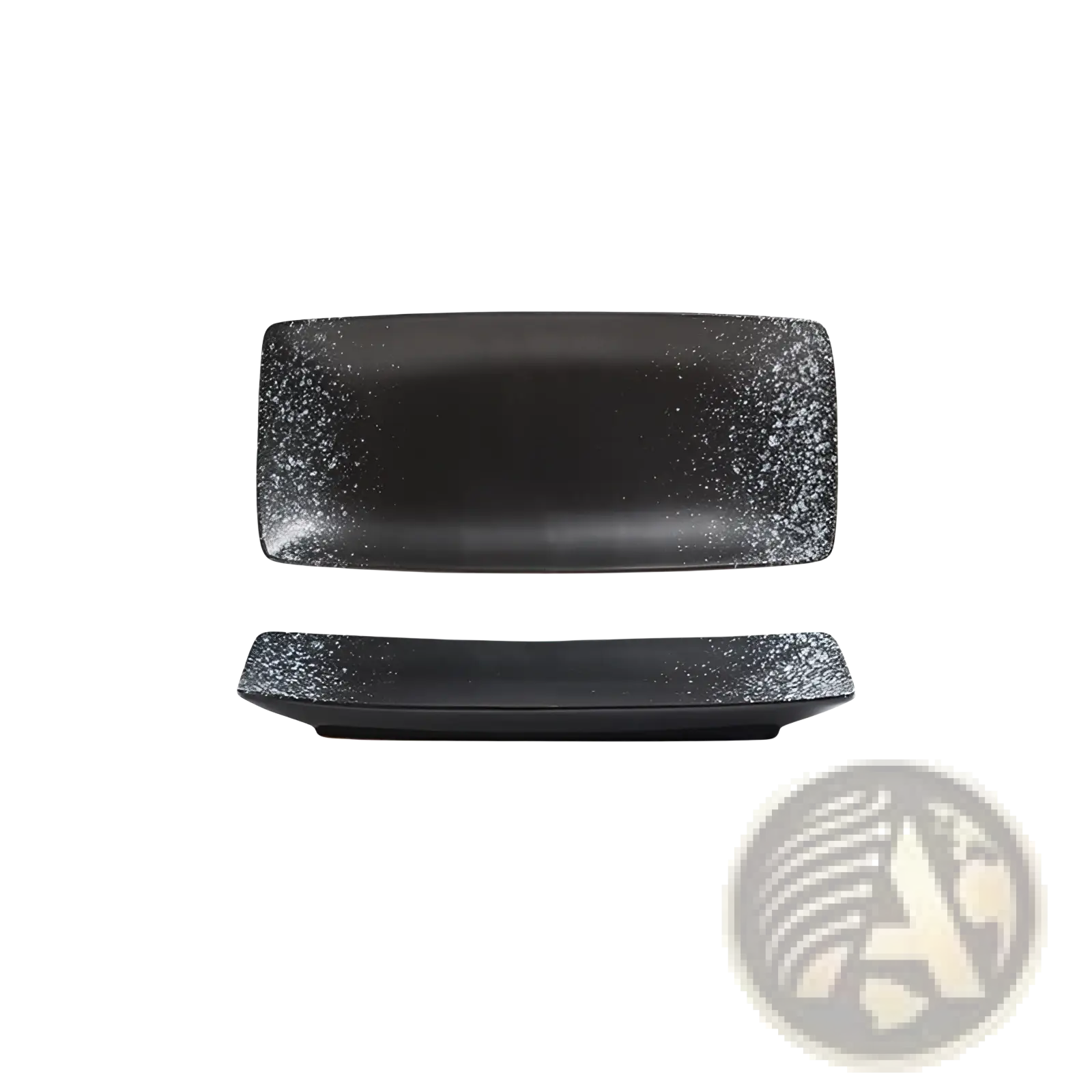 Black rectangular ceramic sushi plate with speckled white glaze finish for Japanese dining use