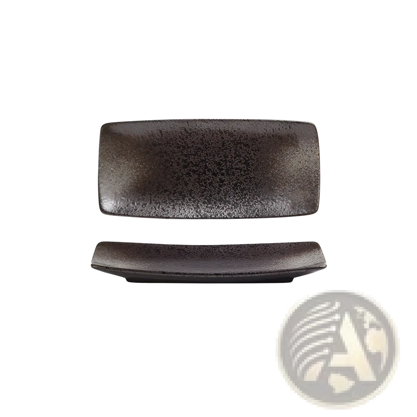 Dark gray rectangular ceramic sushi plate with speckled textured surface and slightly raised edges Japanese trays