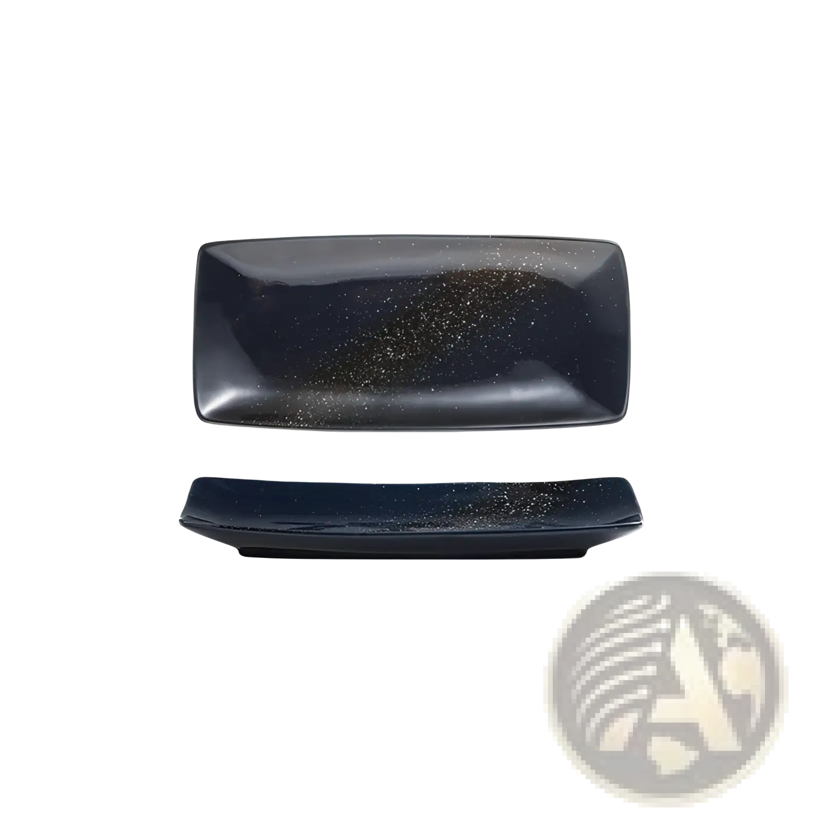 Black rectangular ceramic sushi plate with subtle gold glitter finish and rounded corners for Japanese dining