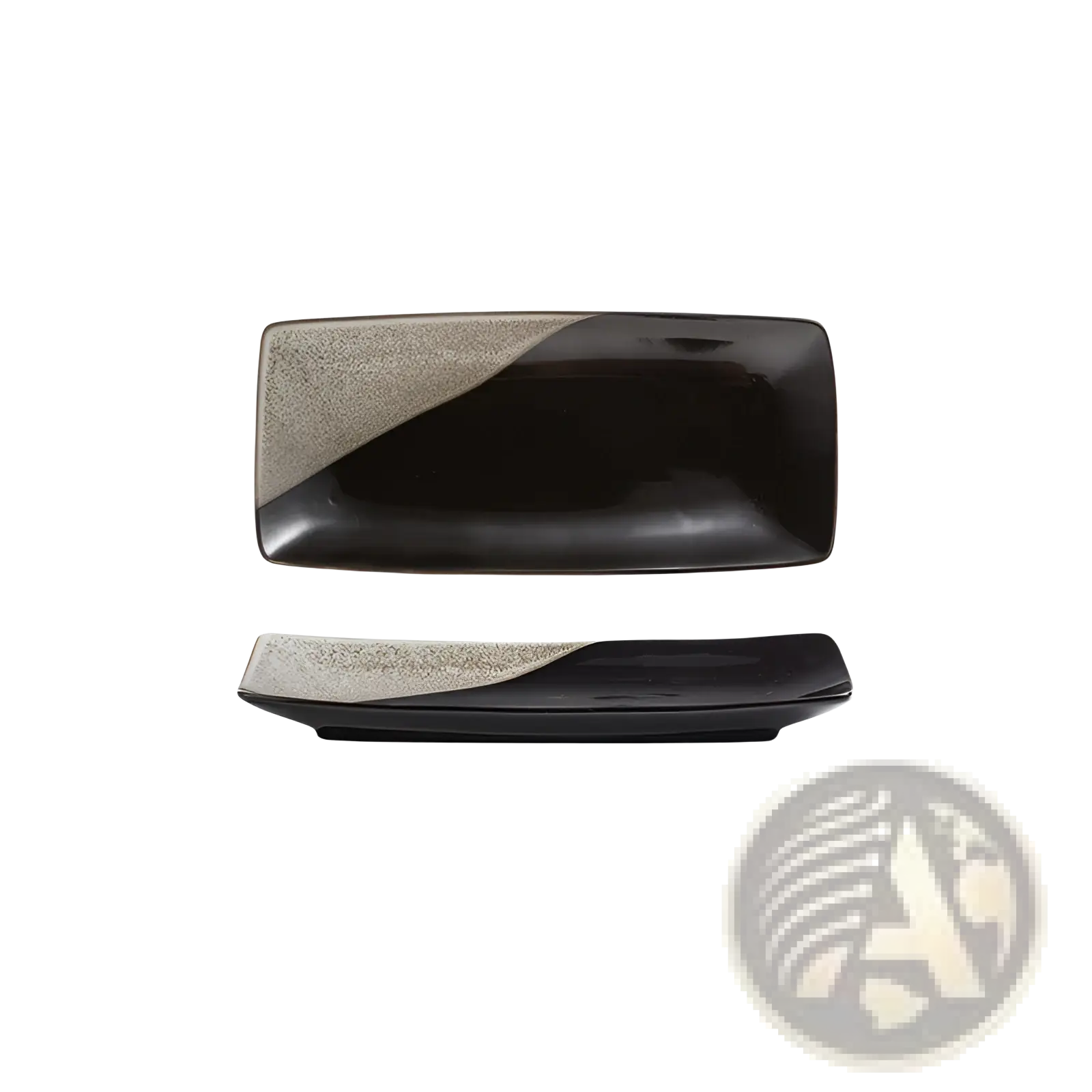 Black ceramic rectangular sushi plate with textured silver-gray diagonal accent for Japanese dining trays
