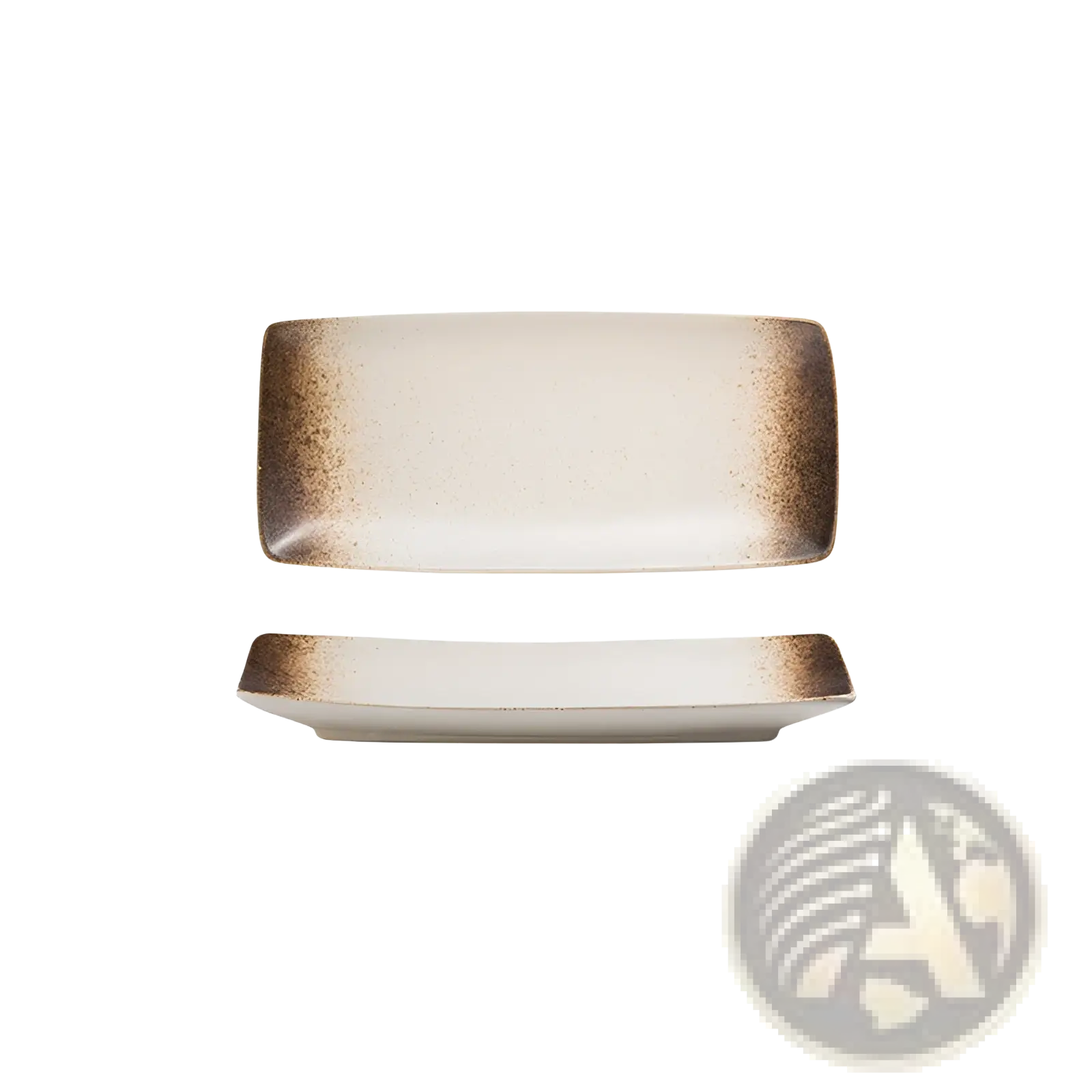 Rectangular Japanese ceramic sushi plate with beige center and brown speckled edges for serving sushi