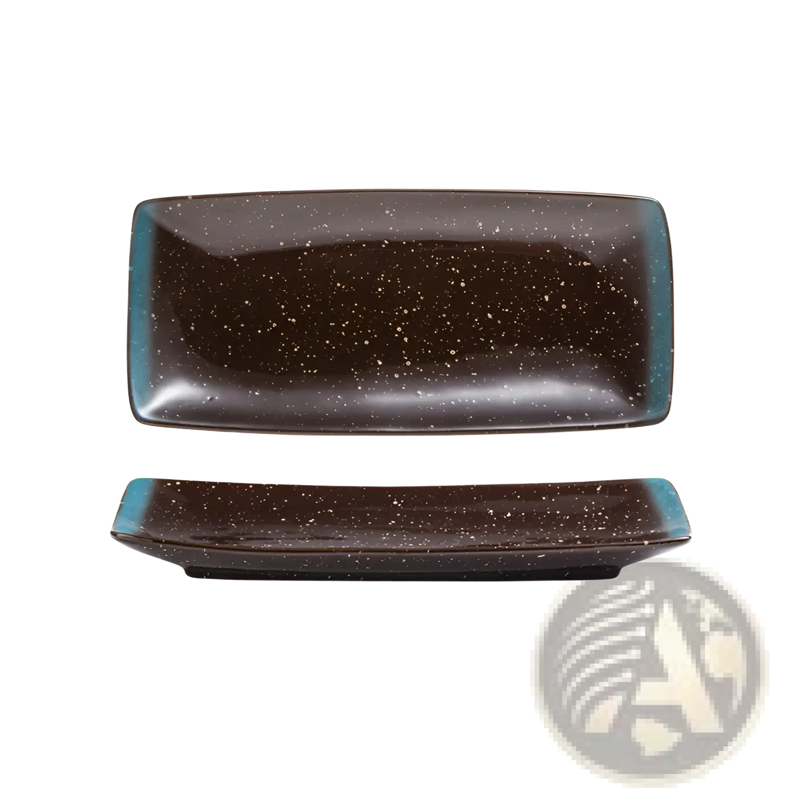 Rectangular ceramic sushi serving plate with dark brown speckled glaze and teal blue rim for Japanese cuisine