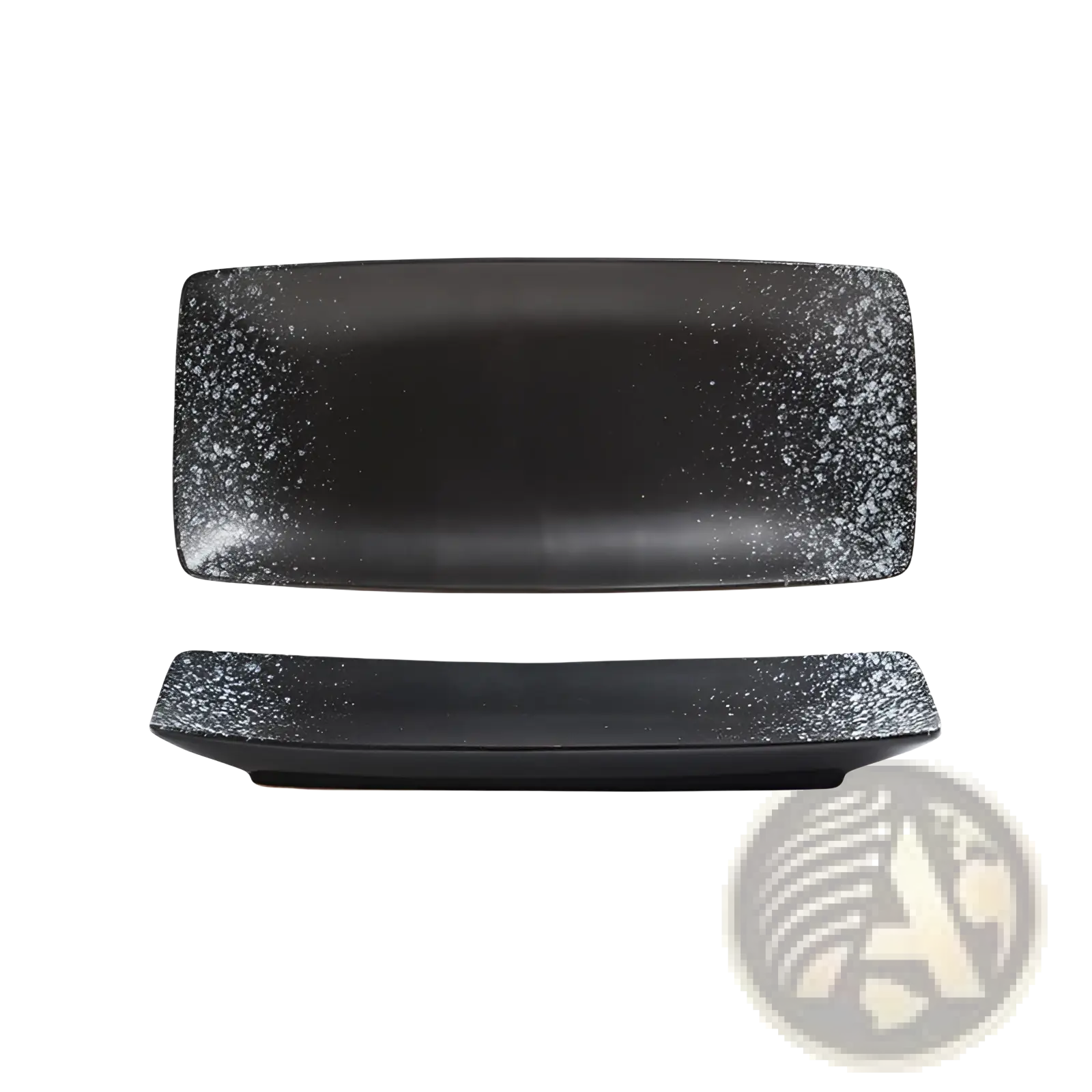 Black rectangular ceramic sushi plate featuring speckled white glaze edges for Japanese serving trays