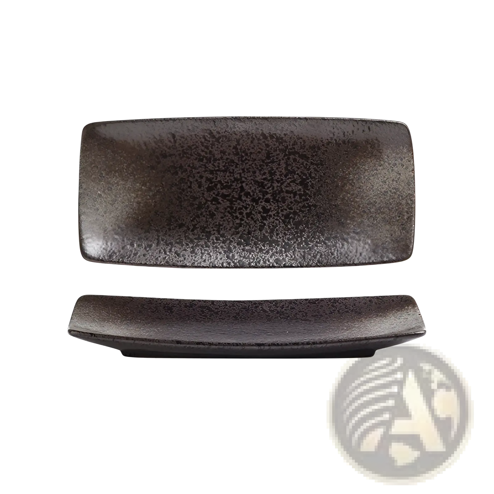 Dark gray speckled ceramic rectangular sushi plate with rounded corners and slightly raised rim for Japanese cuisine