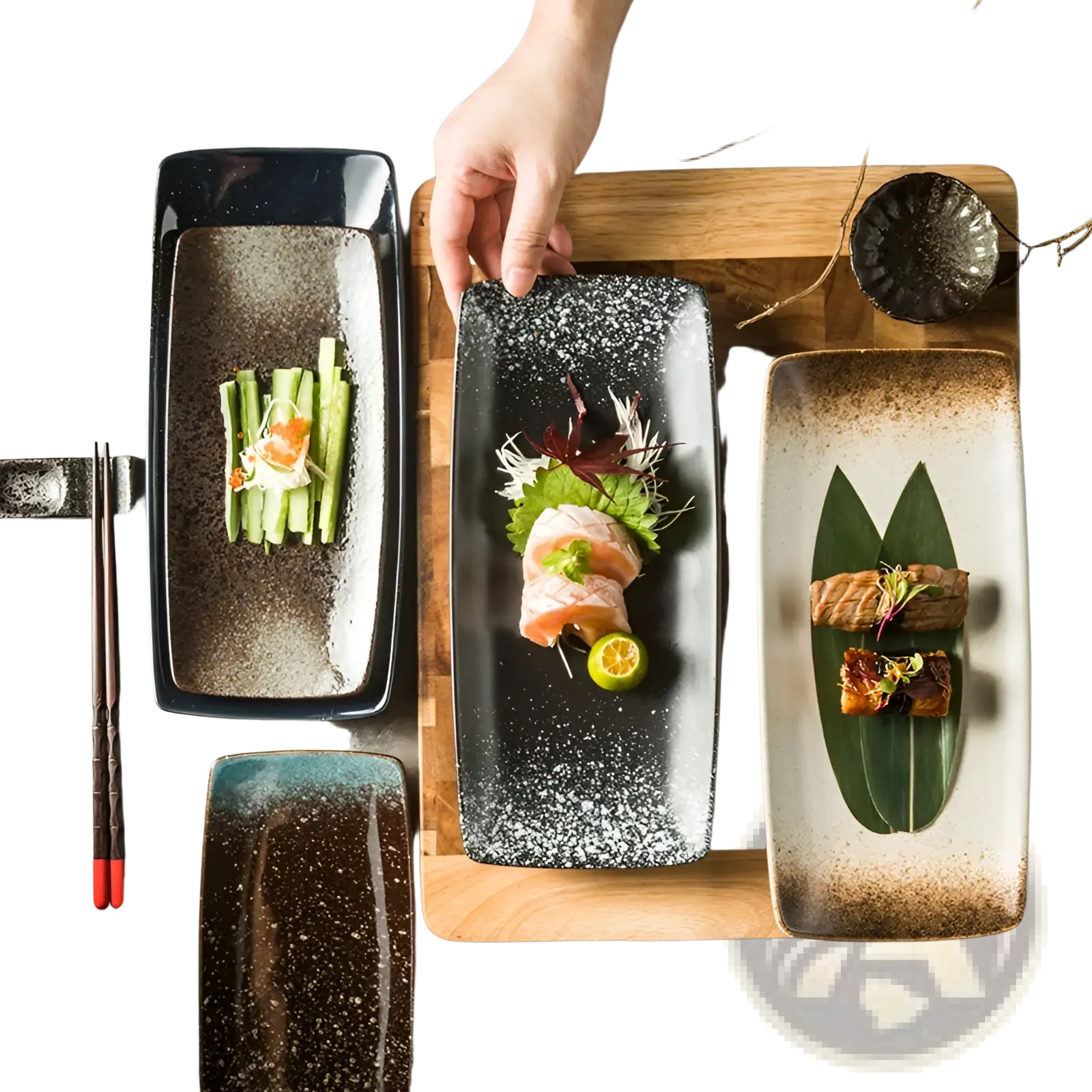 Black ceramic rectangular sushi plate with speckled textured surface and subtle glaze finish for Japanese cuisine