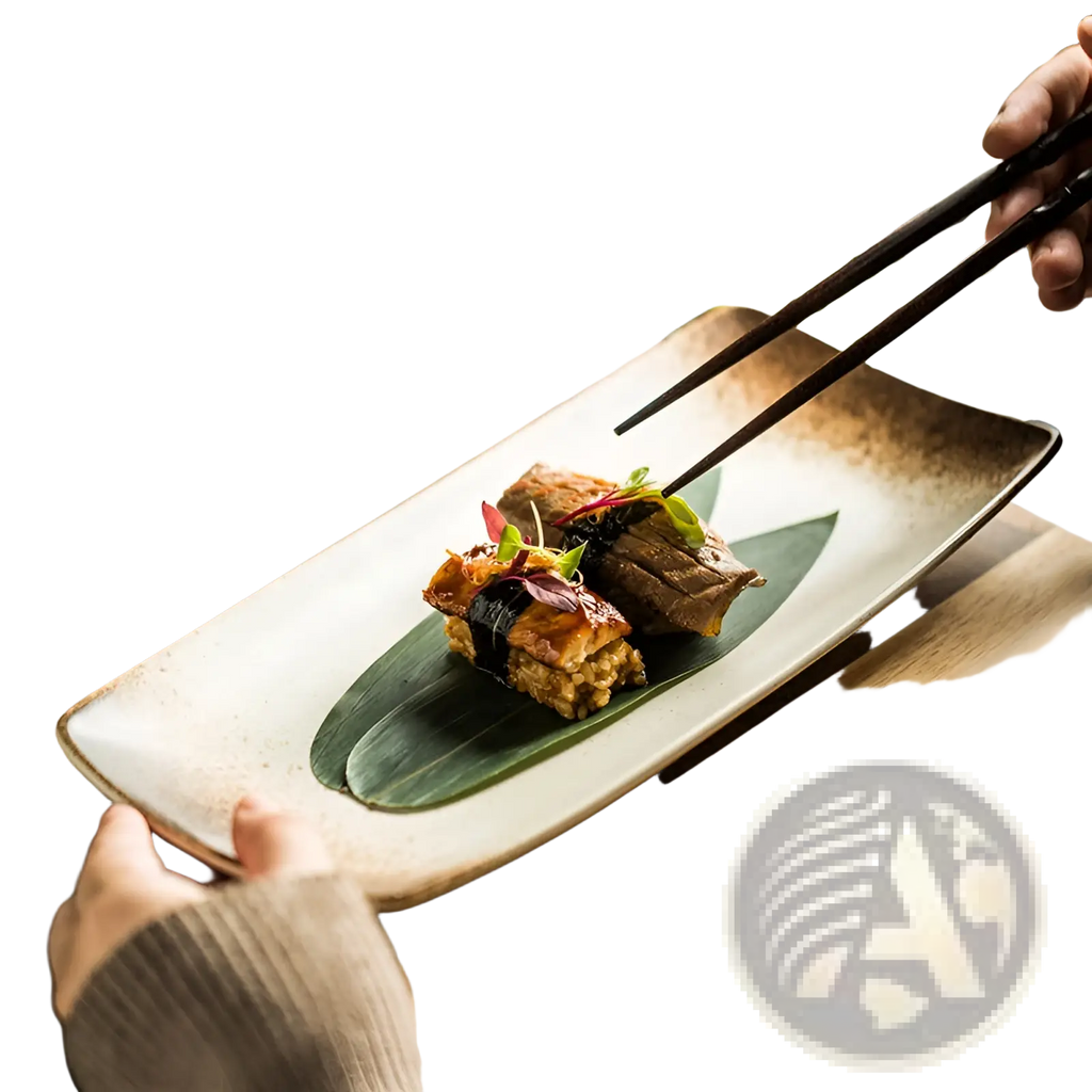 A rectangular Japanese ceramic sushi plate with speckled off-white glaze holding grilled fish on a green leaf