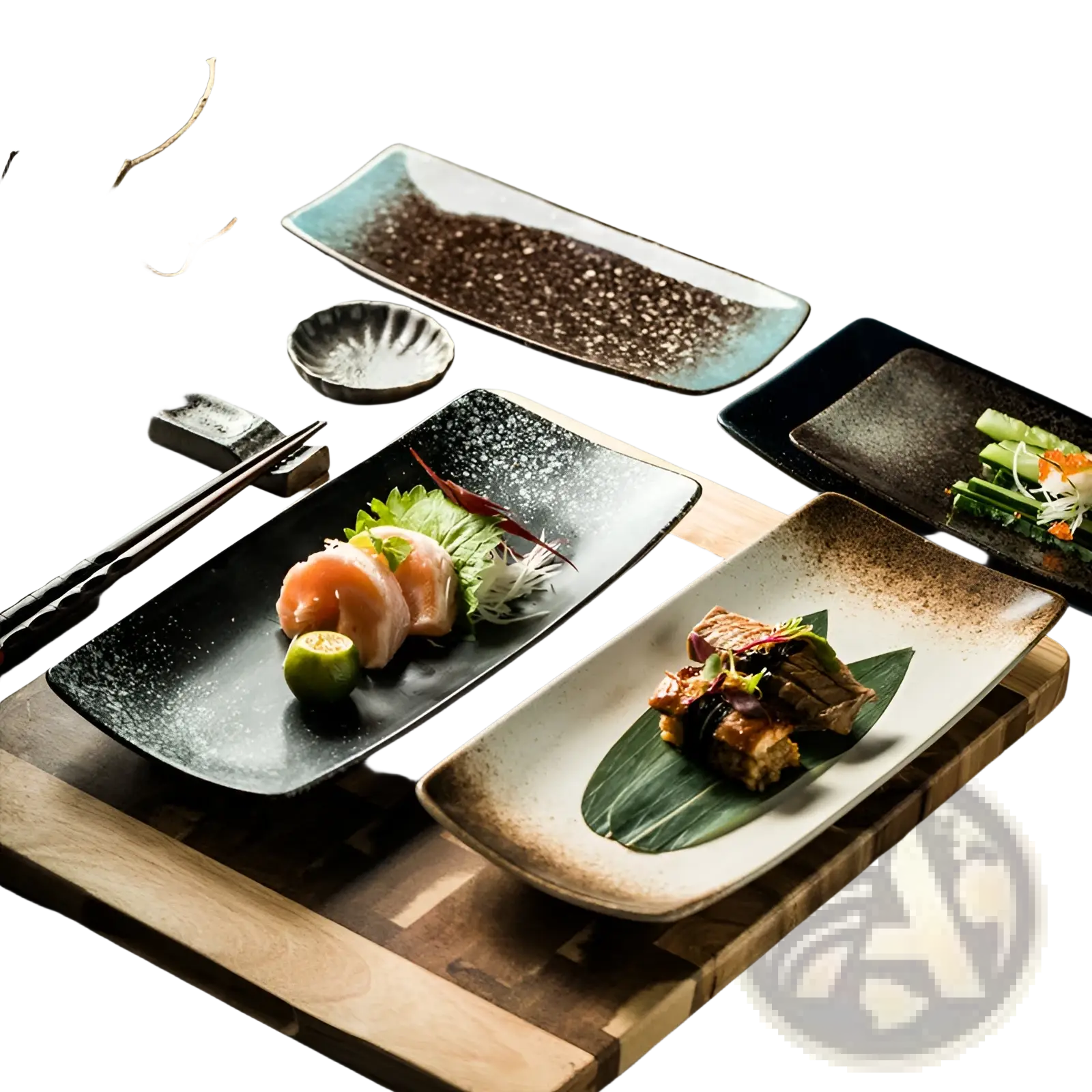 Black rectangular Japanese ceramic sushi plate with speckled texture and subtle glaze finish for serving trays