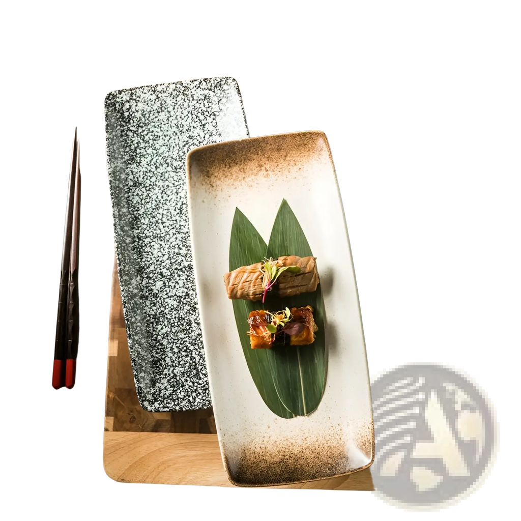 A rectangular japanese ceramic sushi plate with speckled black and white glaze and rustic brown rim