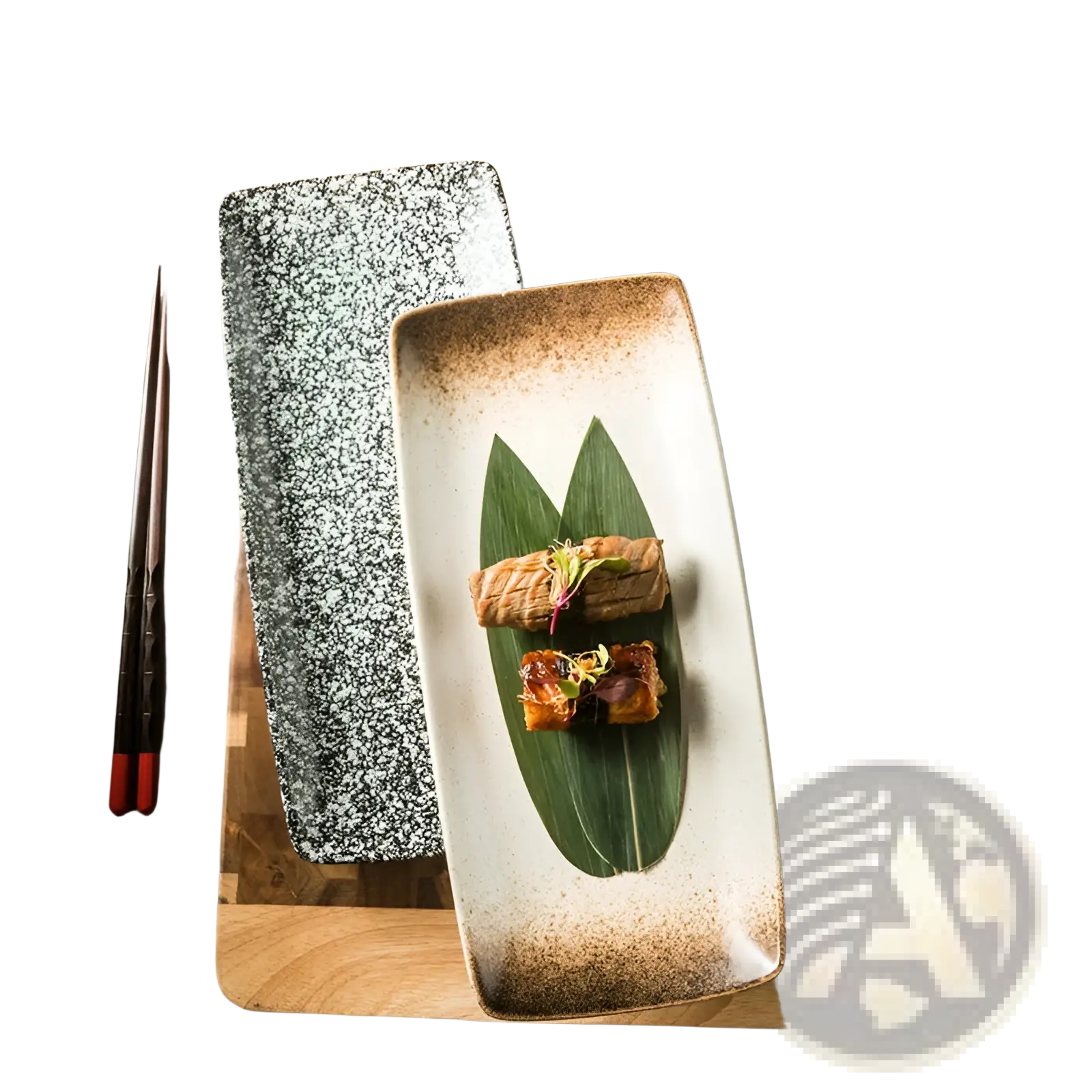 A rectangular japanese ceramic sushi plate with speckled black and white glaze and rustic brown rim