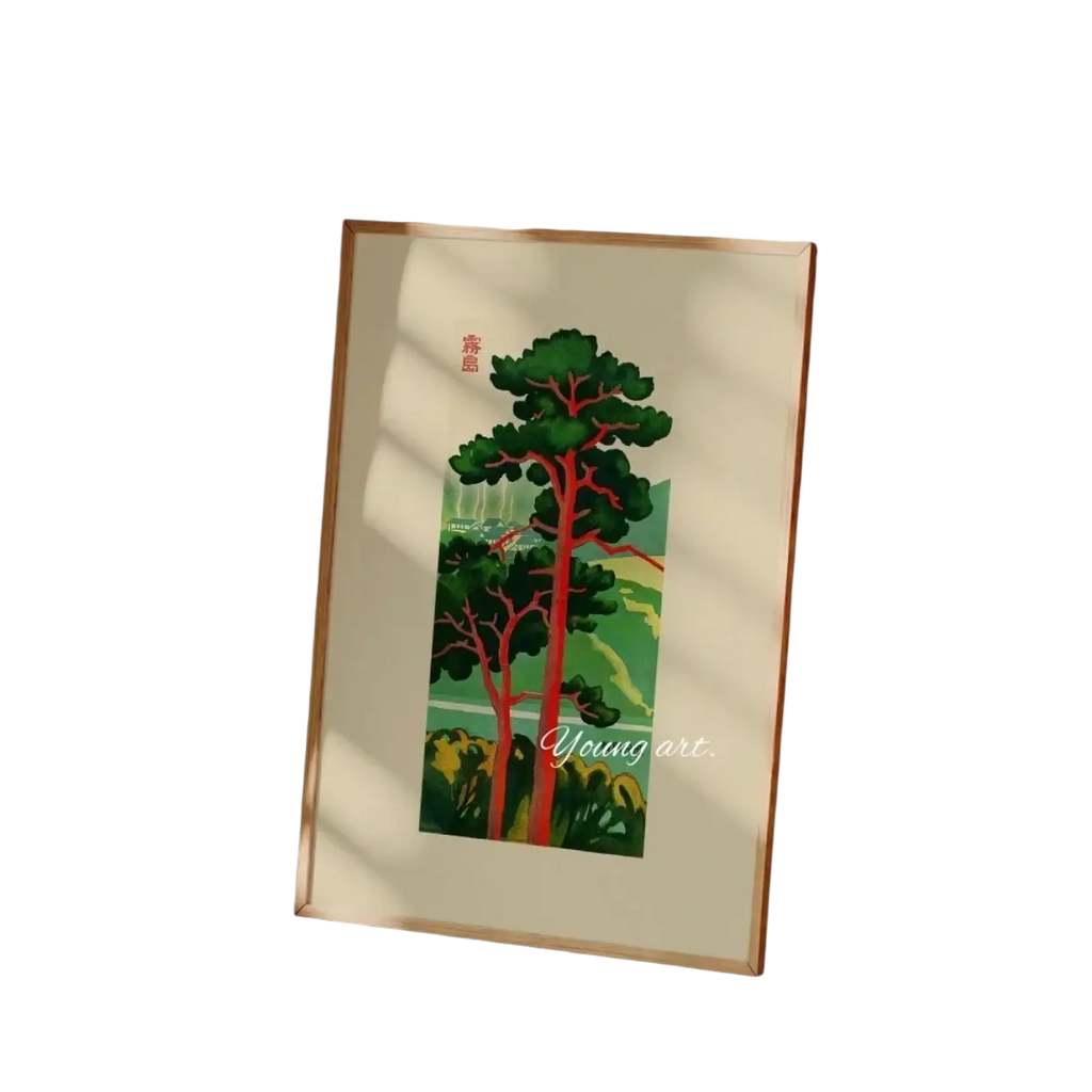 A framed vintage-style illustration of two tall pine trees with green foliage and reddish-brown trunks on canvas print