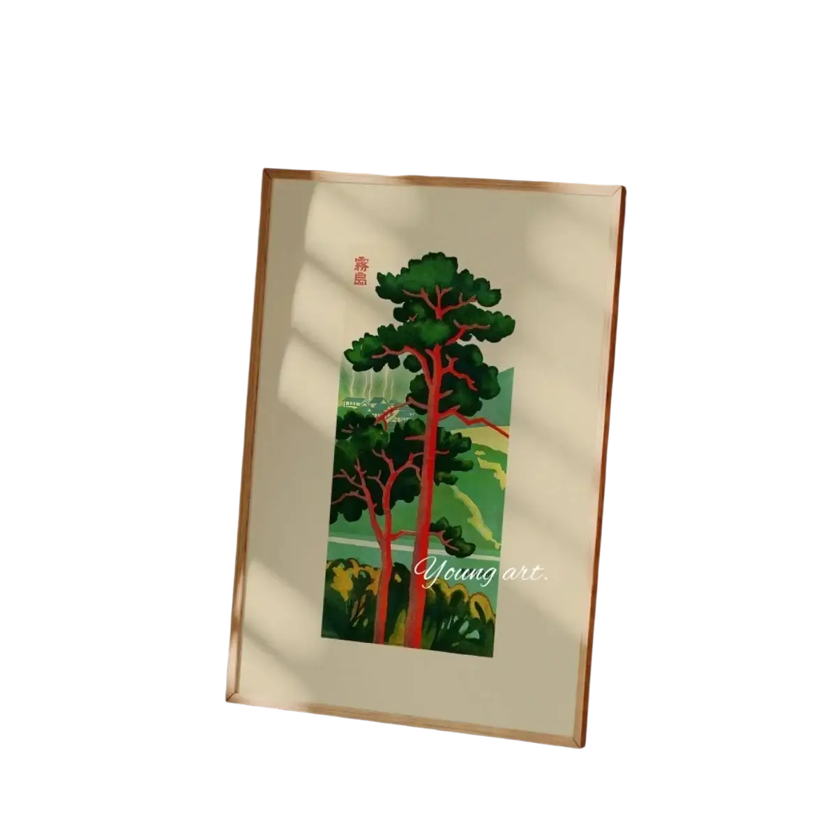 A framed vintage-style illustration of two tall pine trees with green foliage and reddish-brown trunks on canvas print