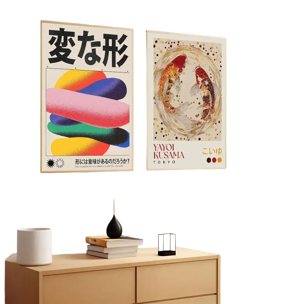 Two framed Japanese koi fish canvas prints featuring bold black characters and gold red koi on white brick wall