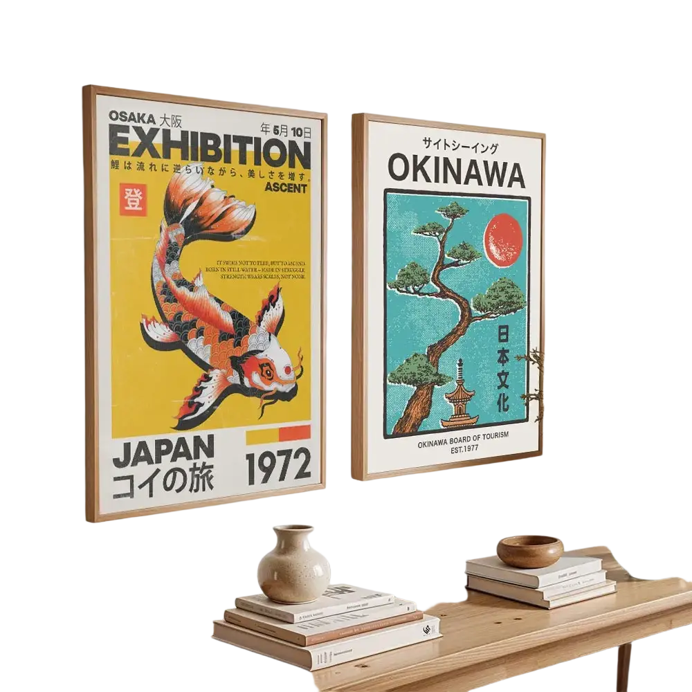 Two framed vintage japanese travel posters featuring an orange koi fish and a bonsai tree for japandi wall art
