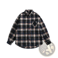 Japanese retro dark green plaid flannel shirt with black navy blue and beige stripes in a classic button-up design