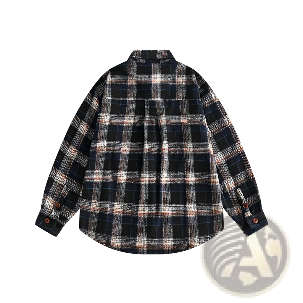 Japanese retro dark green plaid flannel shirt featuring black gray and beige long sleeves and soft warm fabric