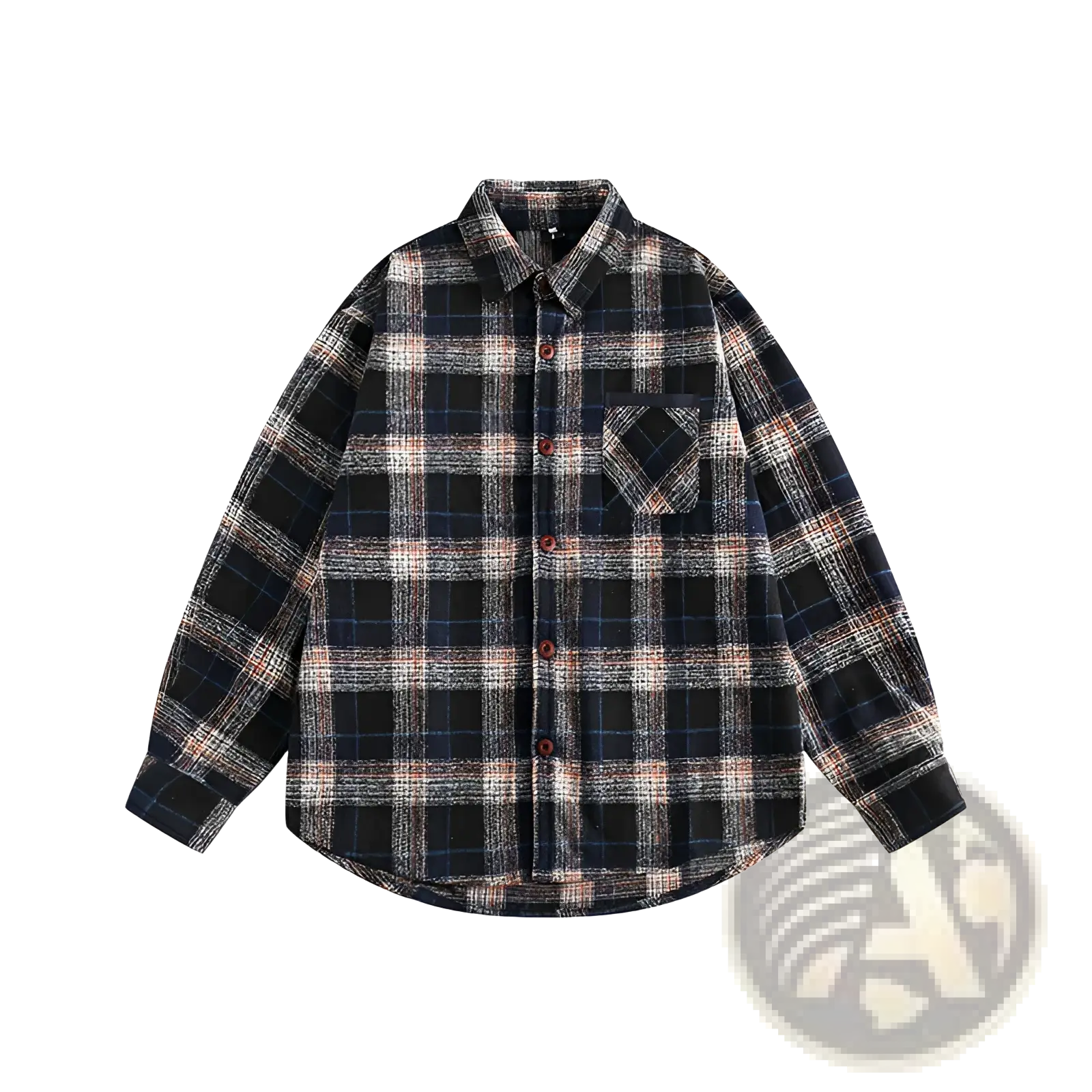 Japanese retro dark green plaid flannel shirt with classic button-up design in black navy and beige stripes