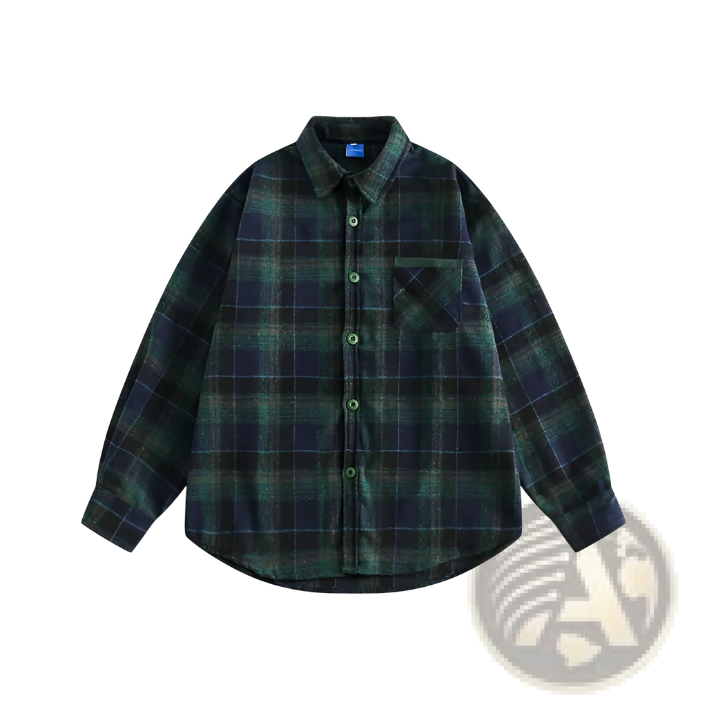 Japanese retro dark green plaid flannel shirt with navy accents featuring classic collar button-down front and chest pocket