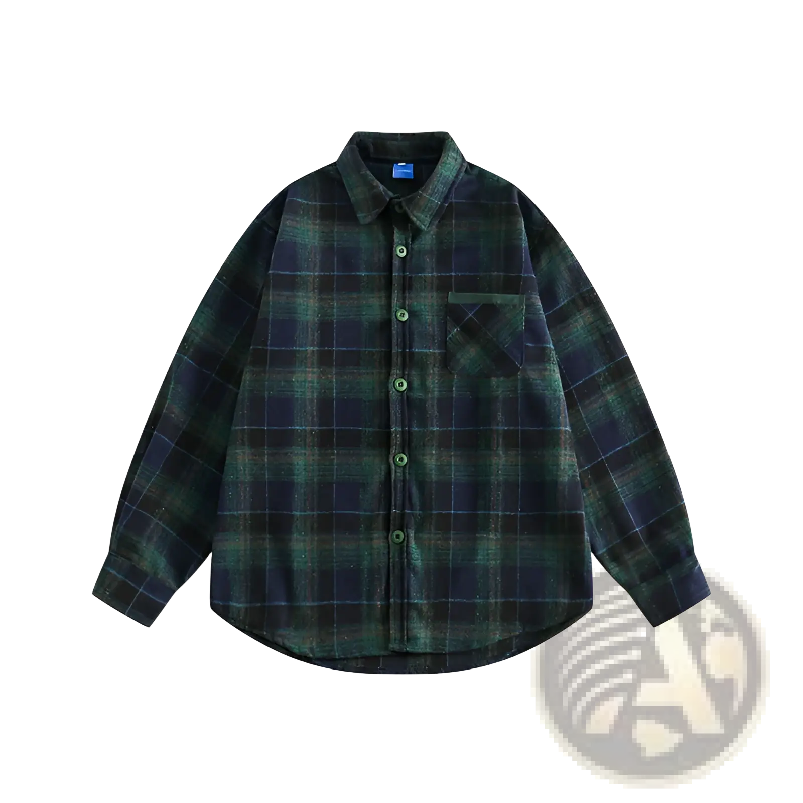 Japanese retro dark green plaid flannel shirt with navy accents featuring classic collar button-down front and chest pocket