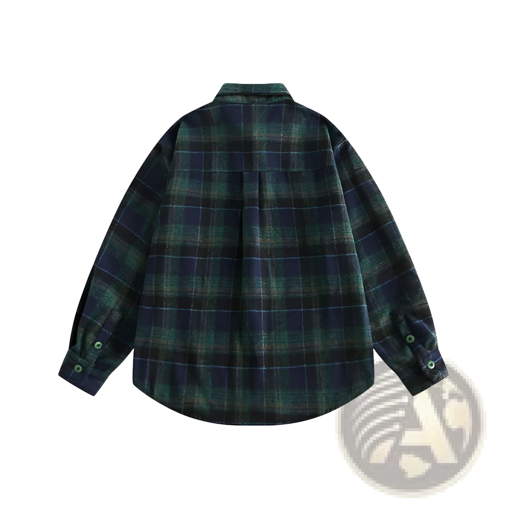 Japanese retro dark green plaid flannel shirt featuring navy check pattern and buttoned cuffs in soft cotton fabric