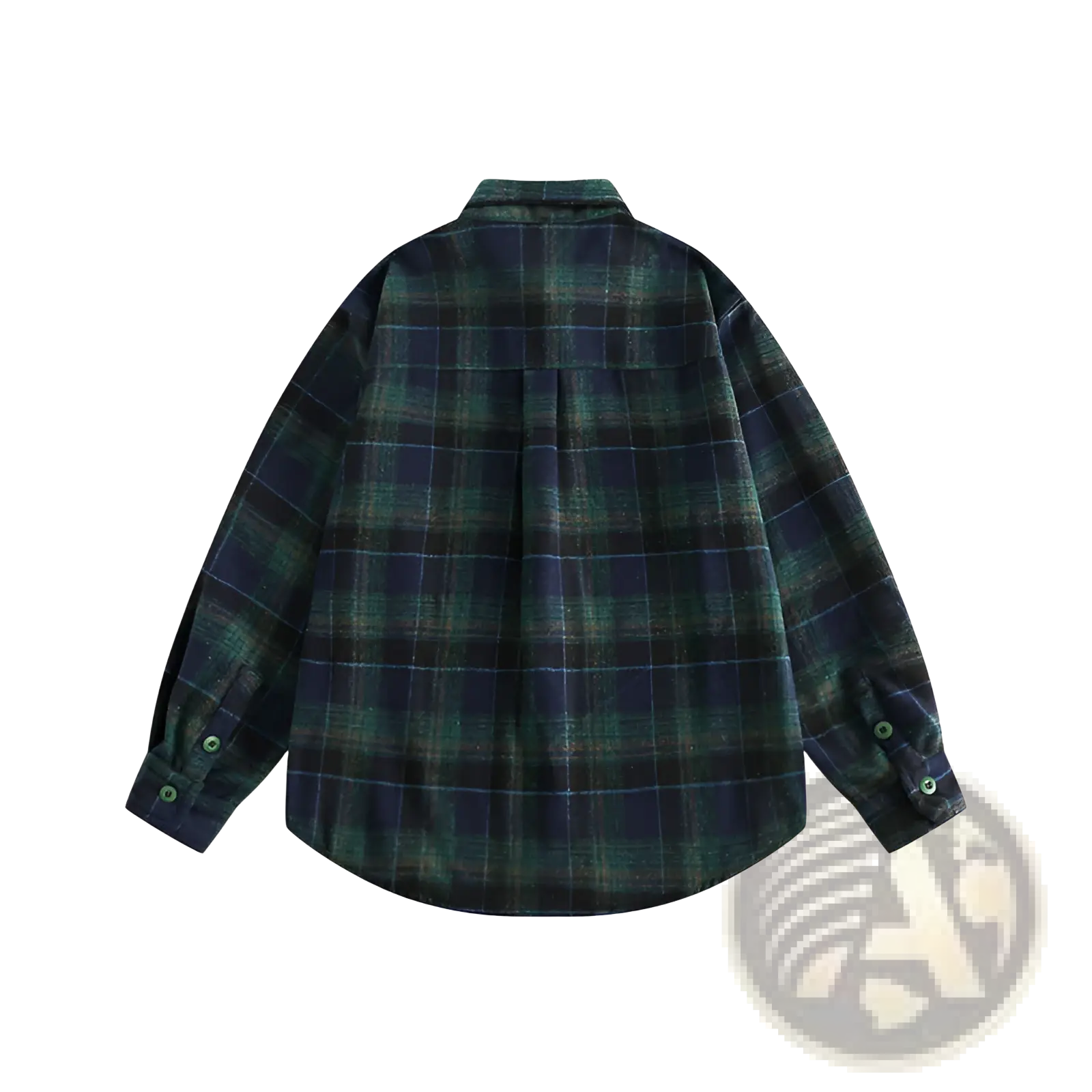 Japanese retro dark green plaid flannel shirt featuring navy check pattern and buttoned cuffs in soft cotton fabric